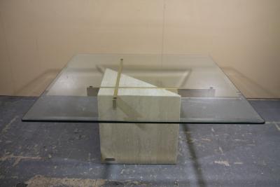 Italian travertine coffee table with brass supports and glass top