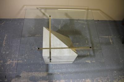 Italian travertine coffee table with brass supports and glass top