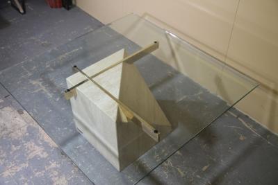 Italian travertine coffee table with brass supports and glass top