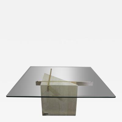 Italian travertine coffee table with brass supports and glass top