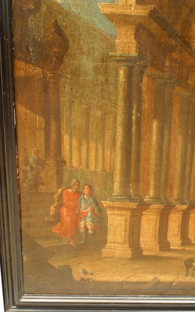 Italianate Capriccio Oil of Figures in Classical Ruins