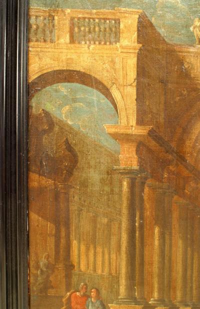 Italianate Capriccio Oil of Figures in Classical Ruins