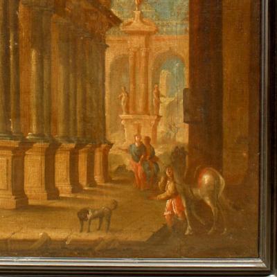 Italianate Capriccio Oil of Figures in Classical Ruins
