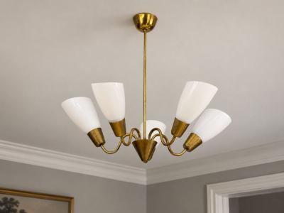 Itsu Finnish Modern Chandelier Brass Glass Finland 1940s