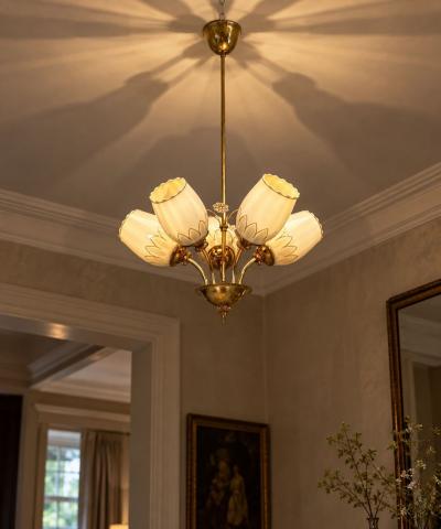 Itsu Finnish Modern Snowflake Chandelier Brass Glass Finland 1950s