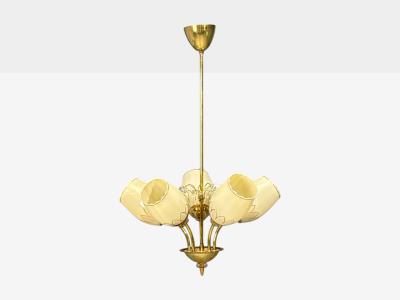 Itsu Finnish Modern Snowflake Chandelier Brass Glass Finland 1950s