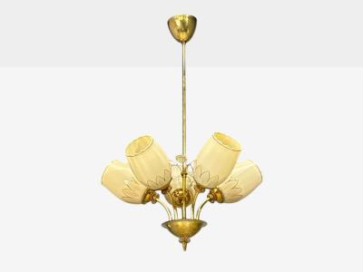 Itsu Finnish Modern Snowflake Chandelier Brass Glass Finland 1950s