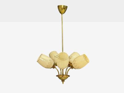 Itsu Finnish Modern Snowflake Chandelier Brass Glass Finland 1950s