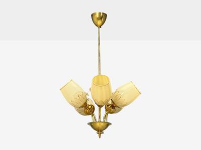 Itsu Finnish Modern Snowflake Chandelier Brass Glass Finland 1950s