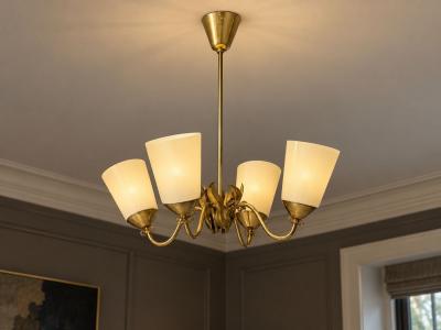 Itsu Oy Finnish Modern Chandelier Brass Opal Glass Finland 1950s