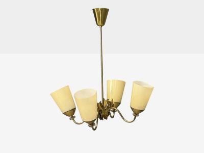 Itsu Oy Finnish Modern Chandelier Brass Opal Glass Finland 1950s