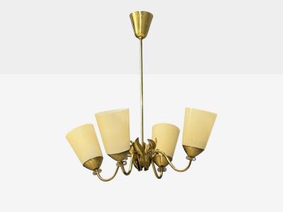 Itsu Oy Finnish Modern Chandelier Brass Opal Glass Finland 1950s
