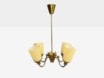 Itsu Oy Finnish Modern Chandelier Brass Opal Glass Finland 1950s
