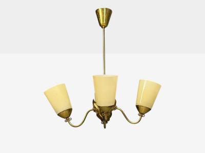Itsu Oy Finnish Modern Chandelier Brass Opal Glass Finland 1950s