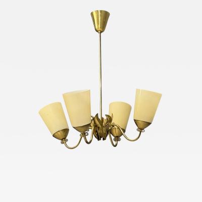 Itsu Oy Finnish Modern Chandelier Brass Opal Glass Finland 1950s