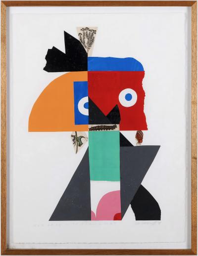 Ivan Chermayeff Geometric Abstract Collage Flat Color Old Lady with Spring Hat 
