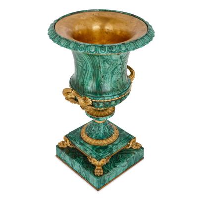 Ivan Ivanovich Galberg Two Russian malachite and gilt bronze urns designed by Galberg