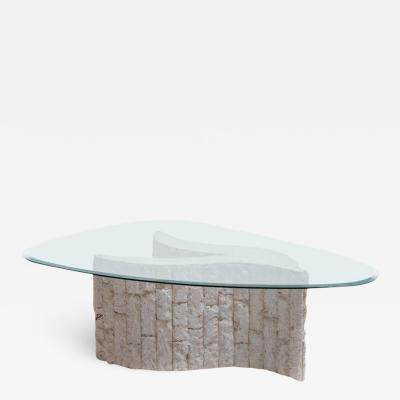 Ivory Fossil Stone Sculptural Coffee Table with Biomorphic Glass Top circa 1980