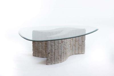 Ivory Fossil Stone Sculptural Coffee Table with Biomorphic Glass Top circa 1980