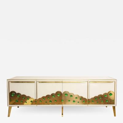 Ivory Glass and Brass Sideboard with Emerald Green Murano Glass Spheres