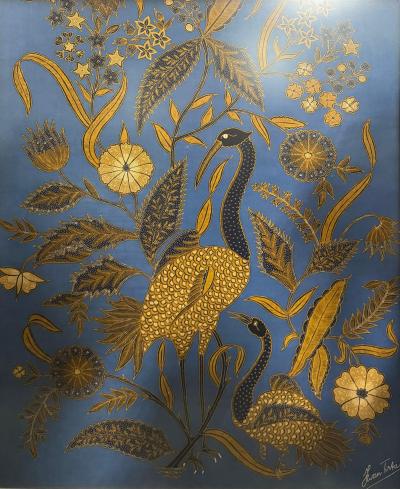 Iwan Tirta Large Iwan Tirta Pheasant and Floral Batik Artwork