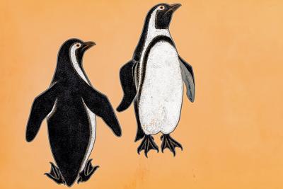 Izumi Atsuhiko Japanese Two Panel Screen Lacquer Penguins