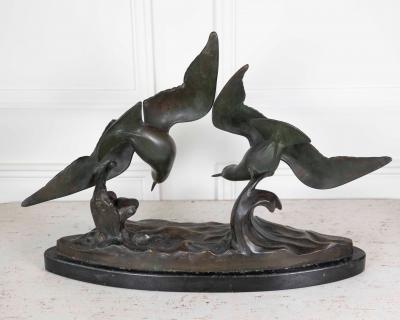 J B L onard J B L onard Two Seagulls in Flight Art Deco Bronze Sculpture