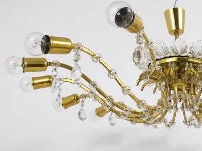 J L Lobmeyr Huge Floral Lobmeyr Mid Century Brass Crystal Chandelier 1950s Austria