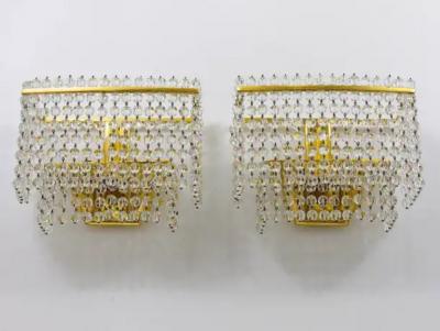 J L Lobmeyr Lobmeyr Pair Square Gold Plated Brass Sconces with Hand Cut Crystals 1970s