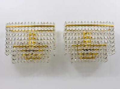 J L Lobmeyr Lobmeyr Pair Square Gold Plated Brass Sconces with Hand Cut Crystals 1970s