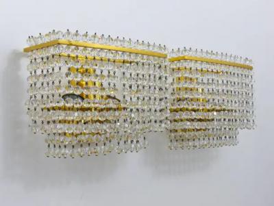 J L Lobmeyr Lobmeyr Pair Square Gold Plated Brass Sconces with Hand Cut Crystals 1970s