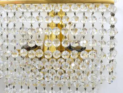 J L Lobmeyr Lobmeyr Pair Square Gold Plated Brass Sconces with Hand Cut Crystals 1970s