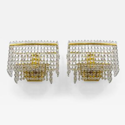 J L Lobmeyr Lobmeyr Pair Square Gold Plated Brass Sconces with Hand Cut Crystals 1970s