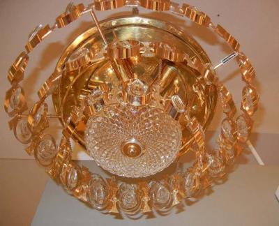 J L Lobmeyr Mid Century Lobmeyr Flush Mount Brass and Crystal Chandelier