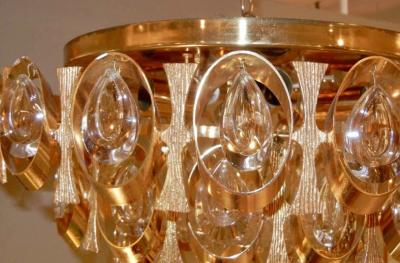 J L Lobmeyr Mid Century Lobmeyr Flush Mount Brass and Crystal Chandelier