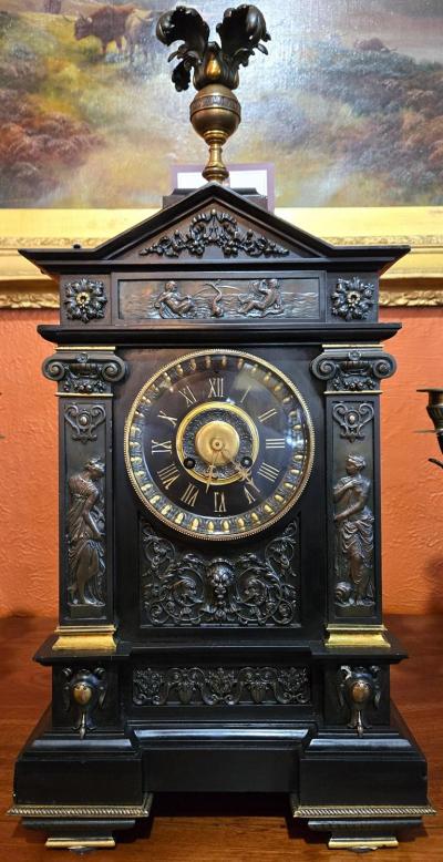 J Marti et Cie 19C French Mantle Clock with Candelabra Garnitures by J Marti Paris 