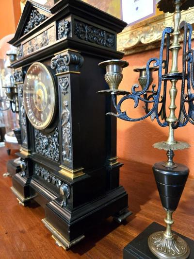 J Marti et Cie 19C French Mantle Clock with Candelabra Garnitures by J Marti Paris 