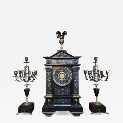 J Marti et Cie 19C French Mantle Clock with Candelabra Garnitures by J Marti Paris 