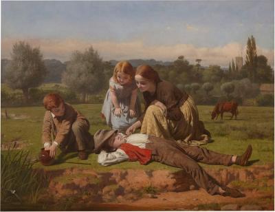 J O Banks Large Victorian painting of children resting outdoors by J O Banks