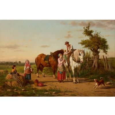 J O Banks Oil Painting of a Rural Family Returning Home by J O Banks