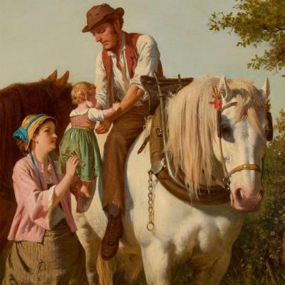 J O Banks Oil Painting of a Rural Family Returning Home by J O Banks