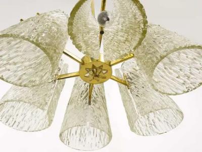 J T Kalmar J T Kalmar Brass Chandelier With Textured Glass Cone Lampshades Austria 1950