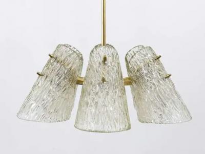 J T Kalmar J T Kalmar Brass Chandelier With Textured Glass Cone Lampshades Austria 1950
