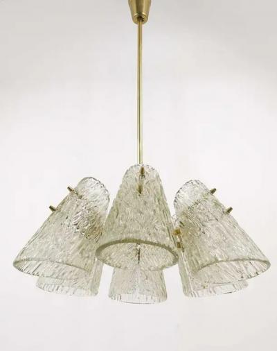 J T Kalmar J T Kalmar Brass Chandelier With Textured Glass Cone Lampshades Austria 1950