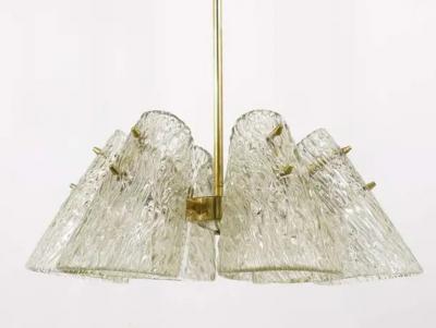 J T Kalmar J T Kalmar Brass Chandelier With Textured Glass Cone Lampshades Austria 1950