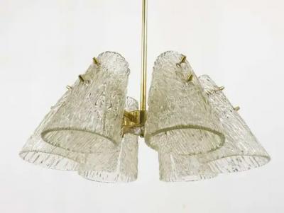 J T Kalmar J T Kalmar Brass Chandelier With Textured Glass Cone Lampshades Austria 1950