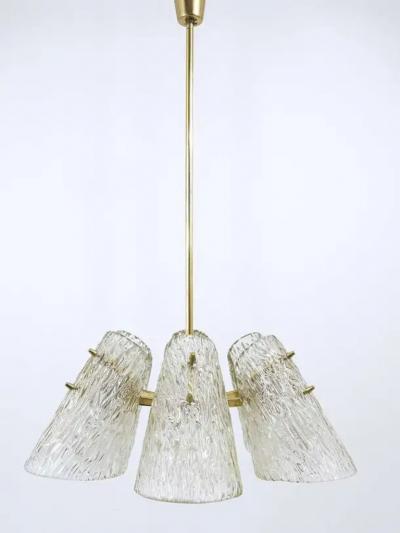 J T Kalmar J T Kalmar Brass Chandelier With Textured Glass Cone Lampshades Austria 1950