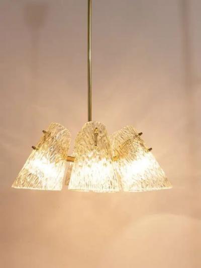 J T Kalmar J T Kalmar Brass Chandelier With Textured Glass Cone Lampshades Austria 1950