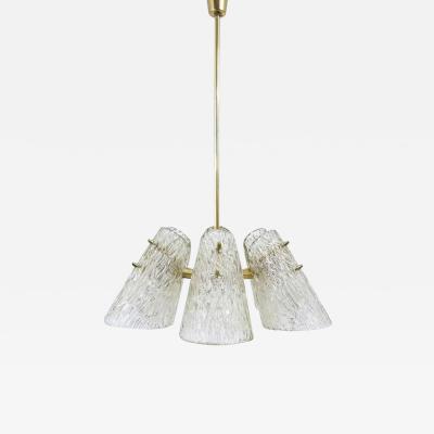 J T Kalmar J T Kalmar Brass Chandelier With Textured Glass Cone Lampshades Austria 1950