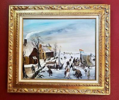 J Van Buiksloot Dutch Ice Skating Oil on Canvas by Van Buiksloot